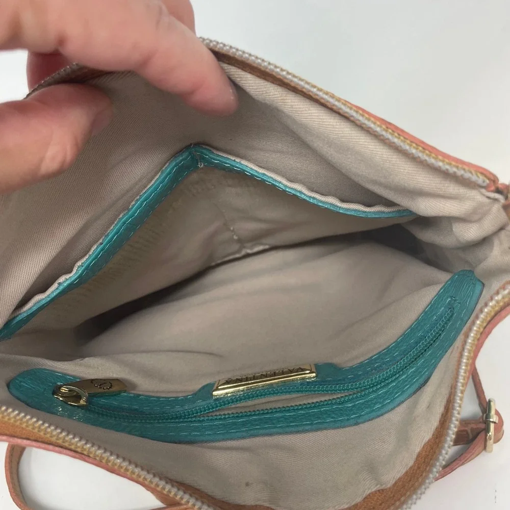 Valentina Italy Teal Blue Pebbled Leather Crossbody Bag Brown Trim Messenger